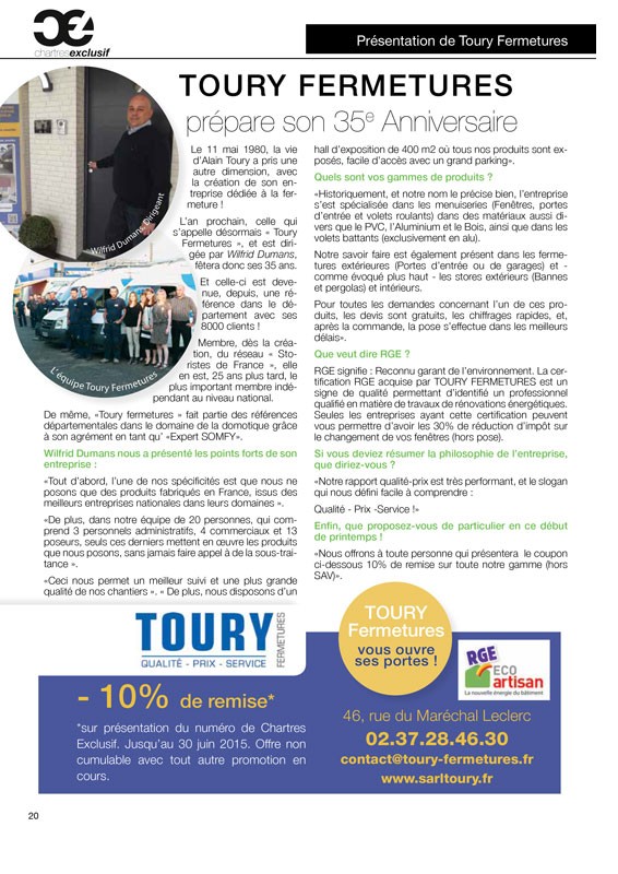 NOUVEL ARTICLE DANS LA PRESSE POUR TOURY FERMETURES